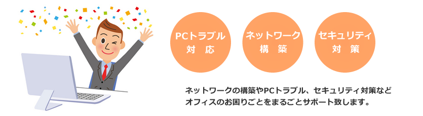 ネットワーク構築やPCトラブル、セキュリティ対策などオフィスのお困りごとをまるごとサポート致します。