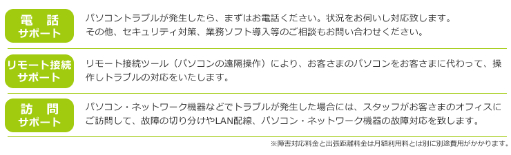 電話サポート、リモート接続サポート、訪問サポート